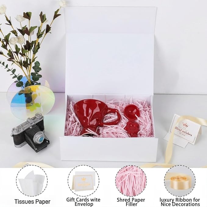 UoeRing 6 Pack White Gift Box 11.5x8x4 inch Luxury Gift Box for Presents with Magnetic Lid Collapsible,Birthday,Bridesmaid Proposal,Contains Card, Ribbon, Tissue Paper,Shredded Paper Fille