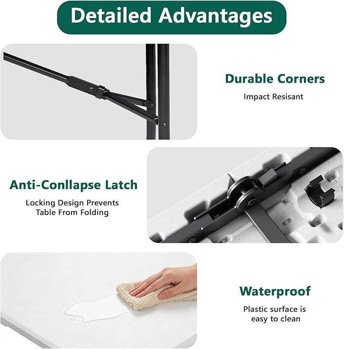 Folding Table 1 Pack, 5FT Folding Table Portable with Built-in Handle, Heavy Duty Plastic Table with Steel Legs Supports to 300lbs, Suitable for Party, Camping, Events Indoor&Outdoor Use, White
