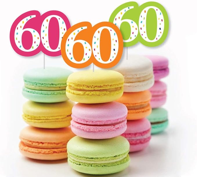 Big Dot of Happiness - 60th Birthday - Cheerful Happy Birthday - Dessert Cupcake Toppers - Colorful Sixtieth Birthday Party Clear Treat Picks - Set of 24