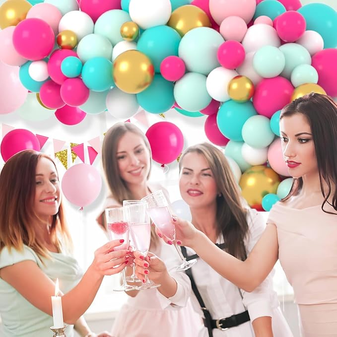 Teal Blue Rose Red Pink Green Balloon Garland Arch Kit - Pastel Green Teal Blue Hot Pink Gold Balloons for Anniversary Birthday Baby Shower Wedding Tea Party Decorations