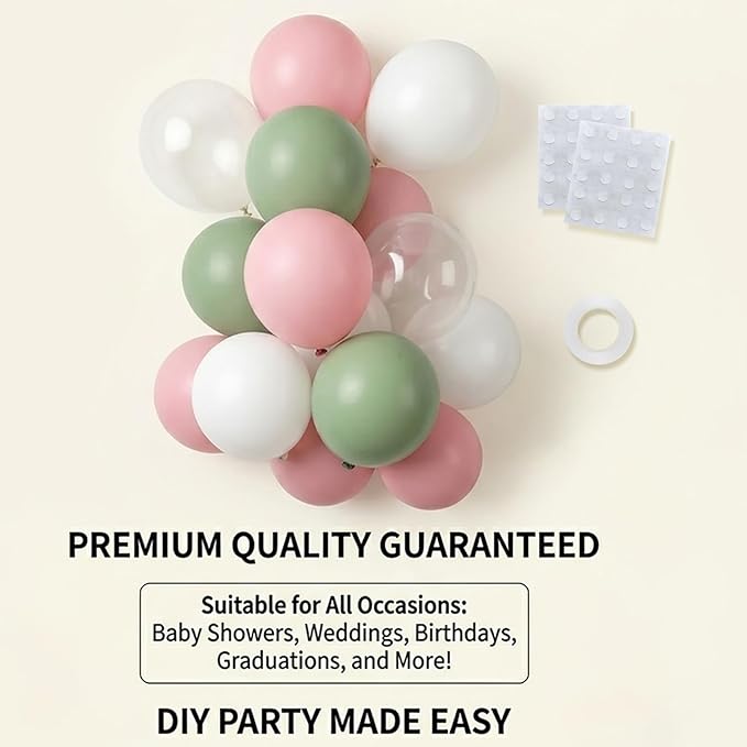 60pcs Sage Green Pink Balloon Kit,12 Inch Boho Olive Green Light Pink White Clear Latex Balloons for Baby Shower Wedding Birthday Garden Party Decorations (Ribbon & Glues)