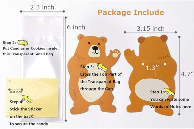 UnnFiko Mini 'Candy' Bags {20 Pack} Paper Party Favor Treat Bags for Cookies, Candy Buffet, Baby Shower- Halloween/Wedding/Birthday Party Favor Bags (Bear, 20-Pack)