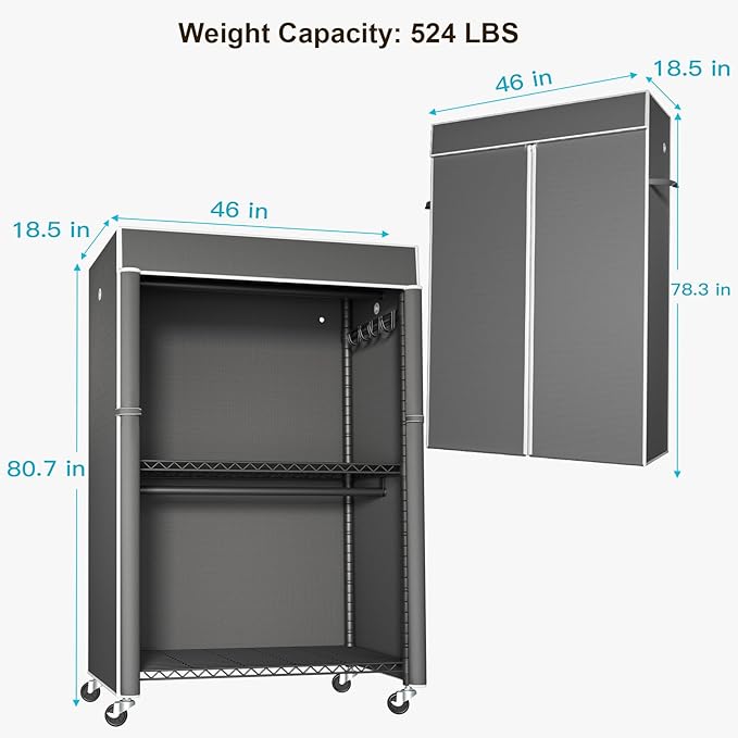 FUTASSI Black Clothing Rack with Dark Gray Cover, P1C Plus Rolling Closet with Wheels, Metal Garment Rack for Hanging Clothes, Clothing Storage Wardrobe, 46" W x 18.5" D x 80.7" H, Load 524 Pounds