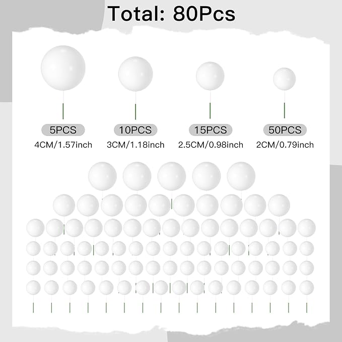 NACHLYNN 80 Pcs Cake Balls Decorations Mini Balloon Cake Topper Balls Foam Cupcake Toppers Balls for Cake Decorating Birthday Parties Weddings Anniversary (White)