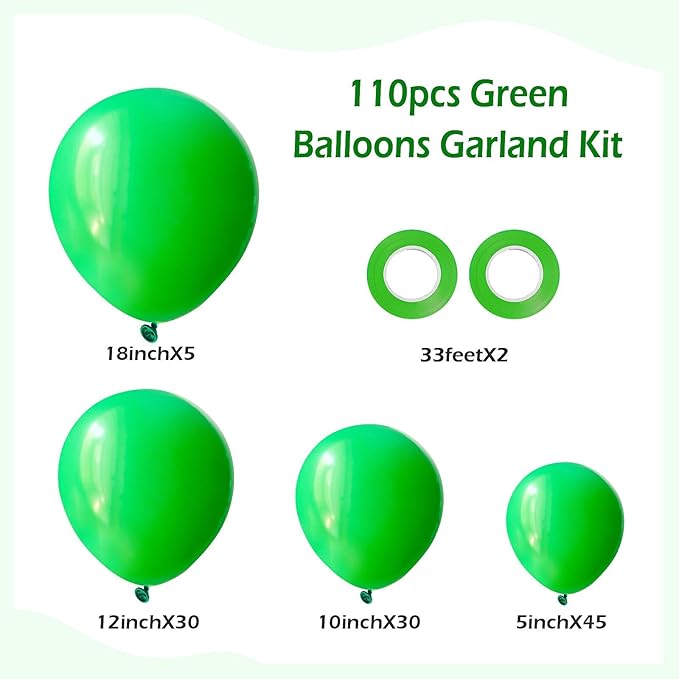 FOTIOMRG 110pcs Green Balloon Garland Arch Kit, 18 12 10 5 inch Green Latex Balloons Different Sizes Pack for Birthday Graduation Baby Shower Jungle Christmas Party Decorations