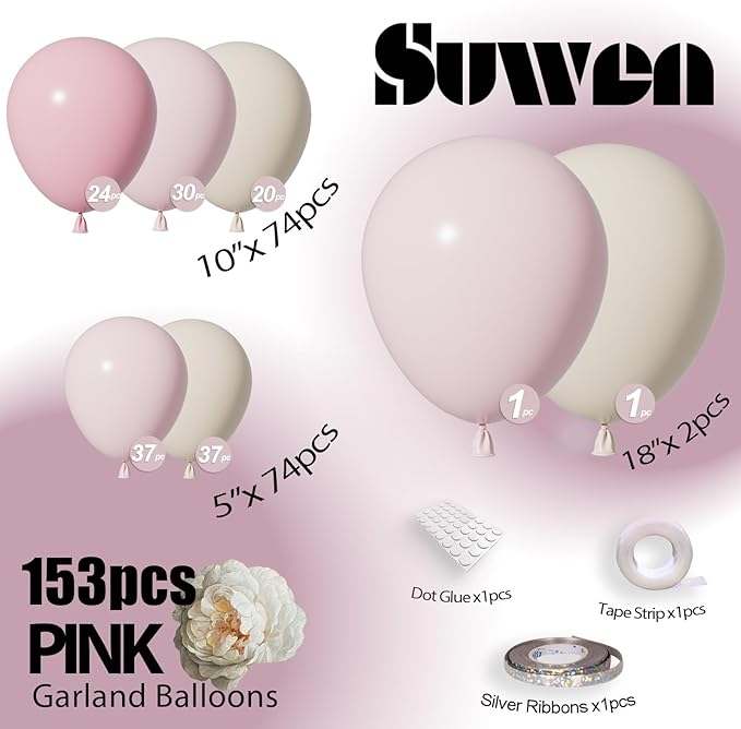 SUWEN 153Pcs Pink Balloons Arch Kit Garland Different Sizes of 18 10 5 Inch Light Pink Balloons Birthday Decorations Includes Pastel Pink Sand White Latex Balloons for Wedding Party