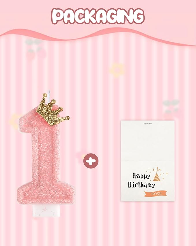 Birthday Candles for Cake, Pink Number Candles, Cake Candles with Greeting Card for Birthday Party Wedding Anniversary Celebrations (1 Candle)