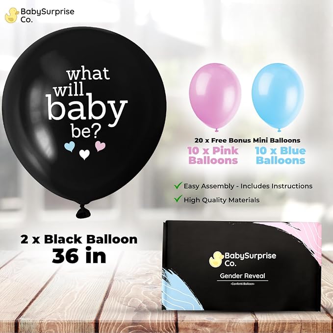 What Will Baby Be? Gender Reveal Balloon - 36 Inch Boy or Girl with Mini Balloons, Confetti & Backup - Black