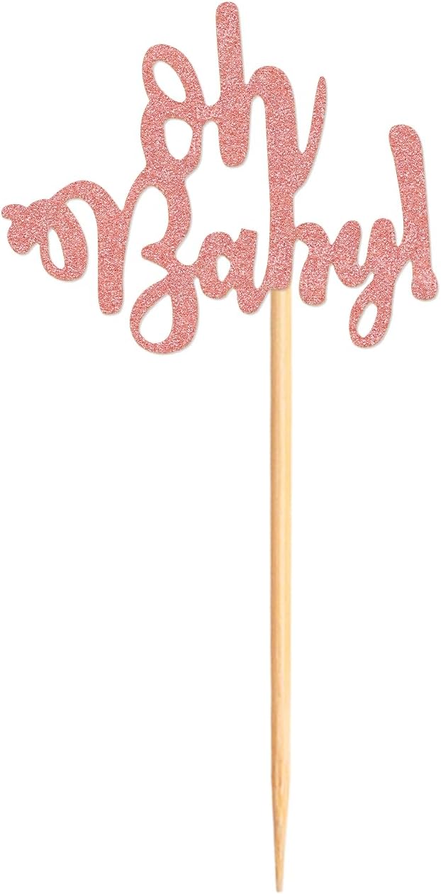 Ercadio 24 Pcs Oh Baby Cupcake Toppers Glitter Rose Gold Cake Topoper for Boy or Girl Theme Baby Shower Cupcake Picks Kids Birthday Party Cake Decorations Supplies