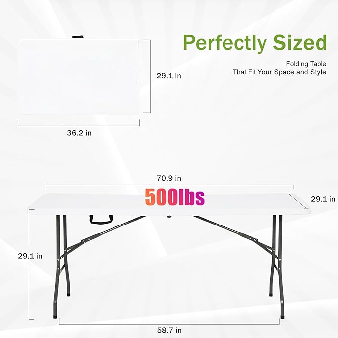 FDW 6FT Plastic Folding Table, Portable with Carrying Handle Perfect for Indoor, Outdoor, Party, Dining, Wedding, Events, Camping, White