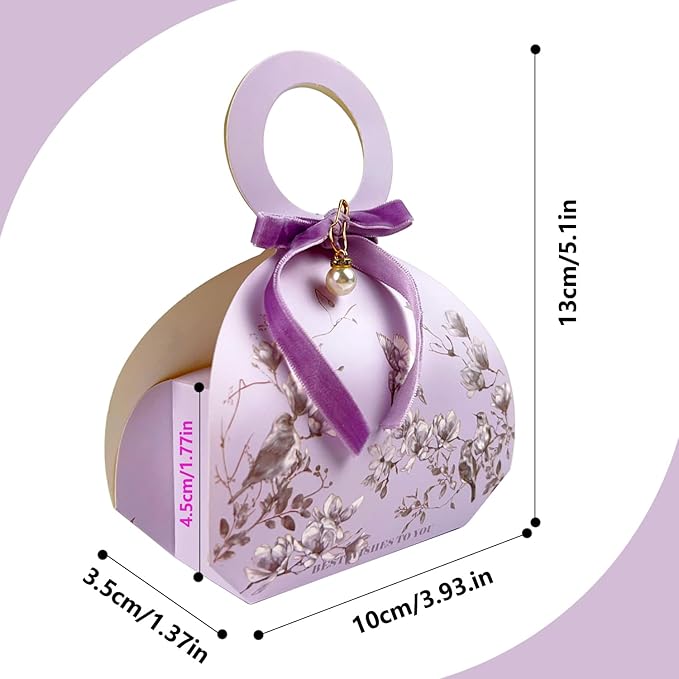 20 PCS Small Gift Boxes, Flower & Bird Party Favor Boxes Goodie Bags with Handle, Velvet Bow, Pearl Pendant for Wedding Anniverary Valentine's Day Birthday Party Presents 4"x5.1"x1.4"(Lilac Purple)