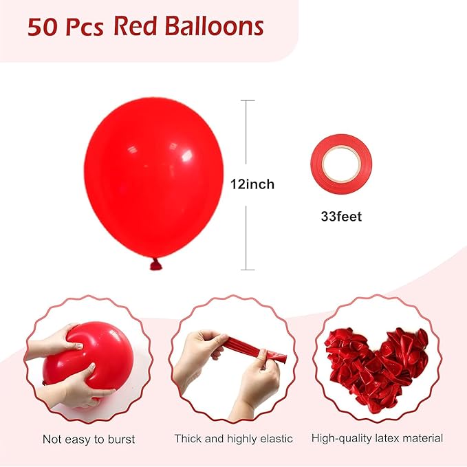 Red Balloons 50pcs 12 Inch Matte Red Latex Party Balloons for Valentines Day Casino Theme Wedding Birthday Patriotic Party Decorations