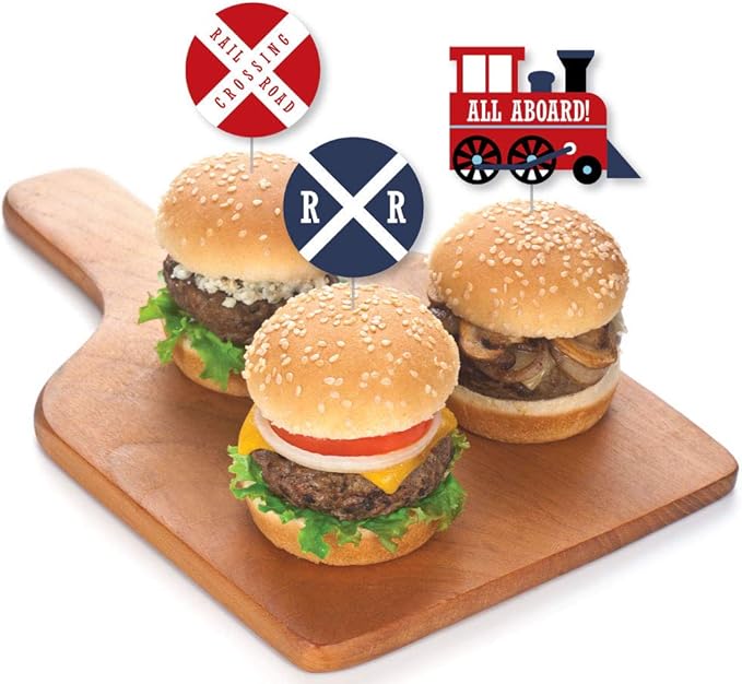 Big Dot of Happiness Railroad Party Crossing - Dessert Cupcake Toppers - Steam Train Birthday Party or Baby Shower Clear Treat Picks - Set of 24