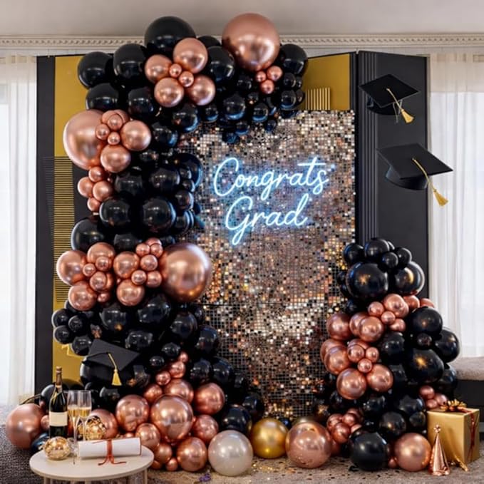 HILAVO Rose Gold and Black Balloons, 12Inch Metallic Rose Gold and Confetti Latex Balloons for Girls Women Birthday Graduation Baby Bridal Shower Party Decorations