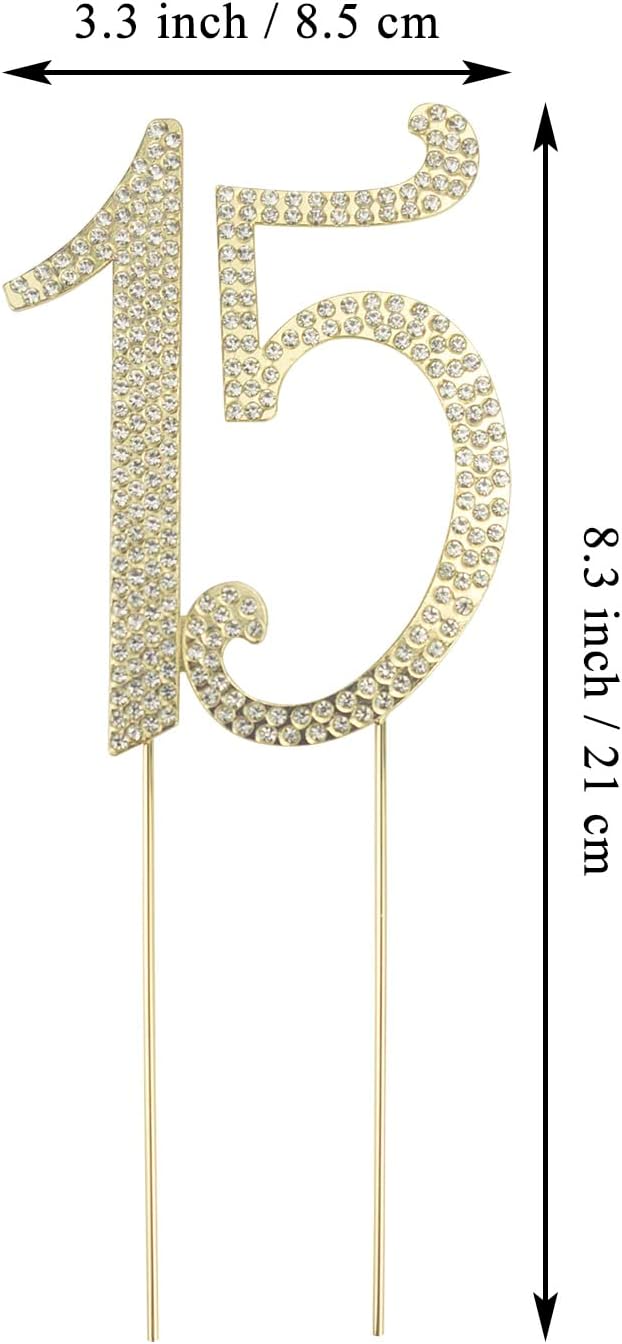 JANOU 15 Cake Topper Number 15 Crystal Rhinestones 15th Cake Decoration for Birthday Anniversary Party Decoratio (Gold)