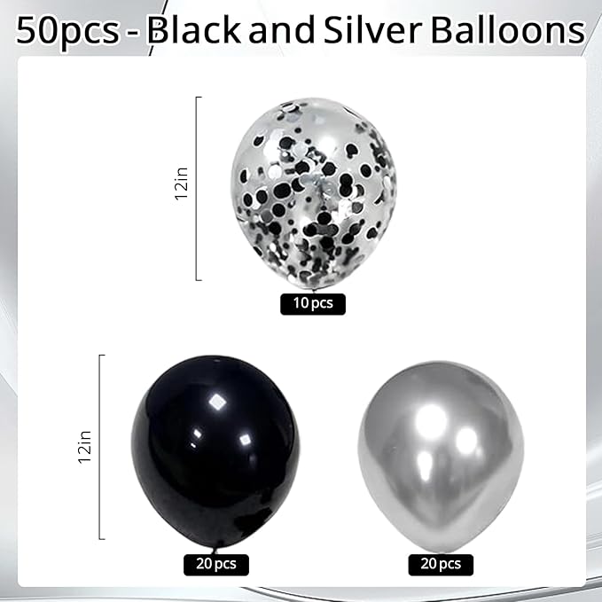 Black and Silver Balloons, 50pcs 12inch Metallic Chrome Silver Latex Balloons with Silver and Black Confetti Balloons for Birthday Wedding New Year Graduation Party Decorations