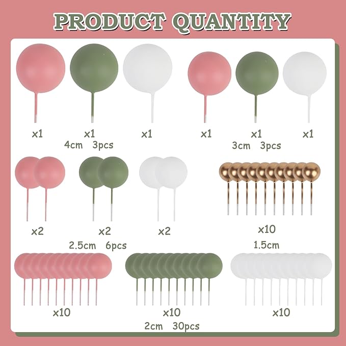 52 Pcs Ball Cake Decorations - Pink Green White Gold Ball Dessert Picks Cake Cupcake Toppers, Birthday Party Baby Shower Gender Reveal Cake Supplies