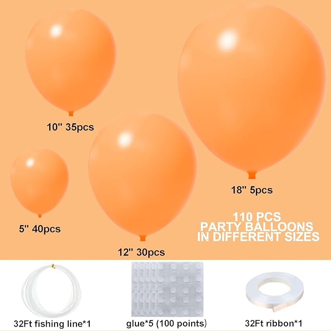 Bright Orange Balloons 110 Pcs - Orange Balloon Garland Arch Kit - 5/10/12/18 Inch Matte Latex - Different Sizes for Baby Shower, Birthday, Halloween, Thanksgiving Party & Fall Decorations