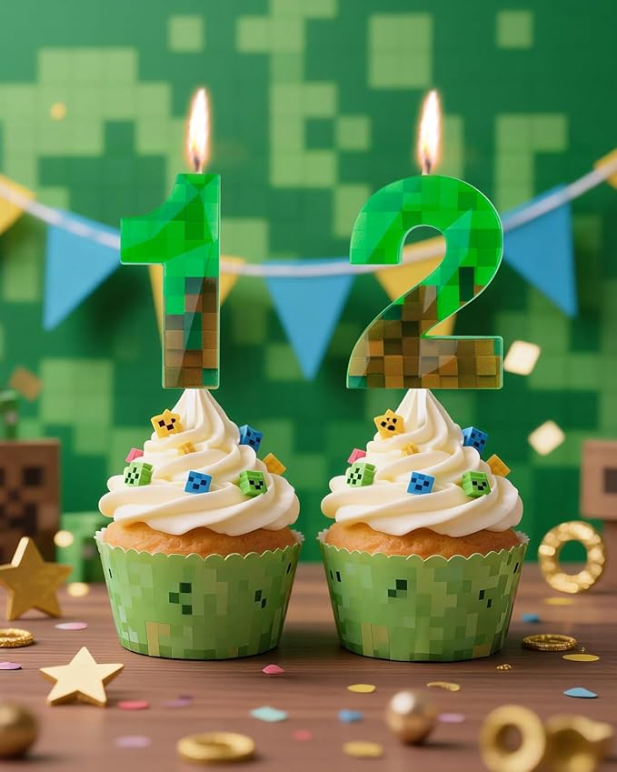 Pixel Birthday Candle, 2.68 Inch Miner Number Candles, Game Themed Candle Birthday Decoration for Pixel Theme Birthday Anniversary Dynamite Video Game Party (Green, 12)