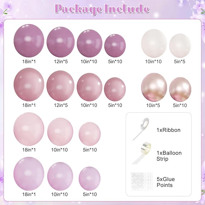 Dusty Purple Balloon Arch Kit 124Pcs Pink and Purple Balloon Garland Arch Kit Lavender Lilac Light Purple Dusty Pink Gold Pink Sand White for Baby Shower Bridal Shower Wedding Birthday Decorations
