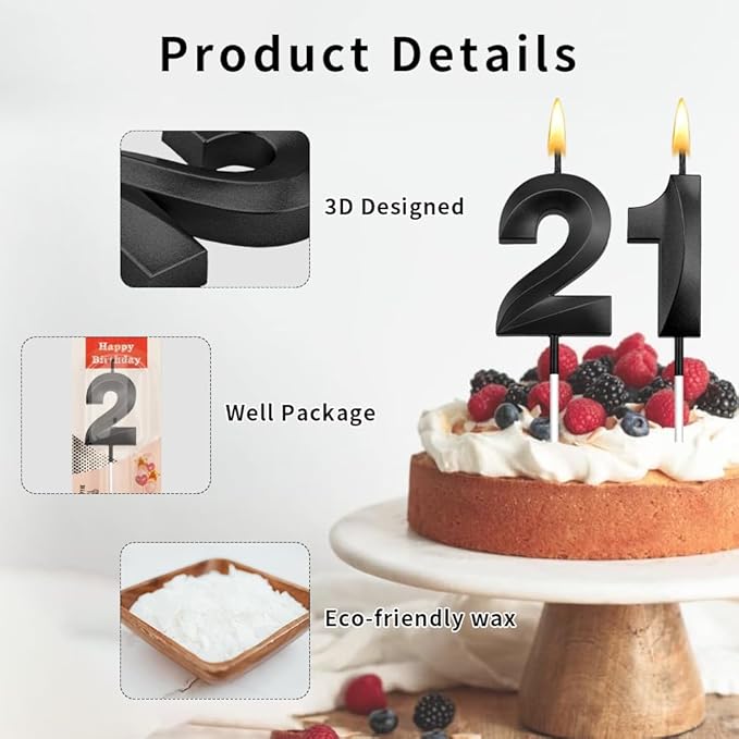 21st Birthday Candles 21st Birthday Decorations for Him 21 Candles for Cake Happy 21 Birthday Cake Topper 21 Candle / 12 Candle 21 Topper 21st Decorations Black Birthday Candles