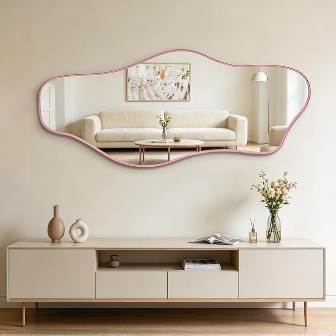 Irregular Mirror Full Length, 67"x31" Asymmetrical Tempered Glass Wall Mirror, Large Pink Organic Frameless Mirrors for Living Room Bedroom Hallway Entryway, Horizontal or Vertical Hanging