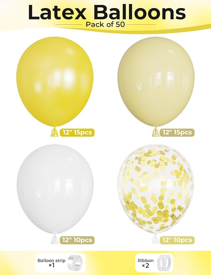 Yellow and White Balloons - 12inch Pastel Yellow Balloons Glitter Gold Confetti Balloon White Party Balloon for Sunflower Honeybee Theme Birthday Baby Shower Party Decorations, Indoor Outdoor