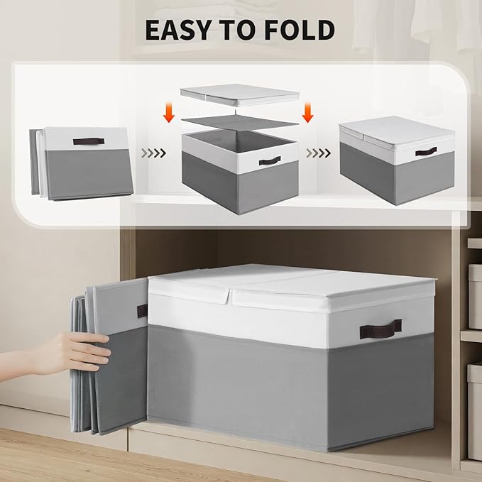 2 Pack EXTRA LARGE Blanket Storage Baskets with Lids, 22”x16”x12” Closet Organizers Bins for Clothes Towel/ Storage Box with Lid Handles/ Stackable Decorative Fabric Bins for Living Room, Nursery