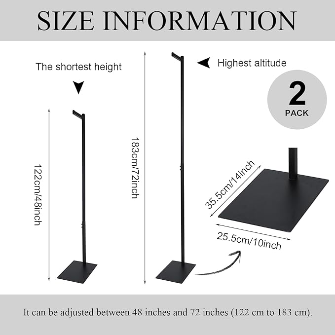 Marsui 2 Pcs Adjustable Clothing Display Rack Adjustable from 48" to 72" Single Clothing Display Stand Metal Black Rack Retail Use Single Customer Shirt Stand for Thrift Shop Retail Store