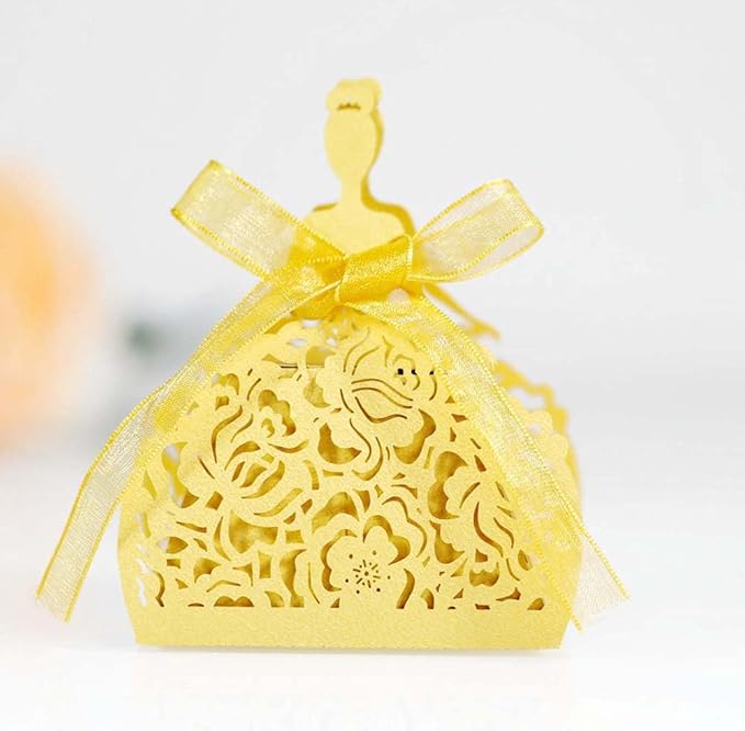 Steedna 50 Pack Bride Pattern Chocolate Gift Box Sector Pearl Paper Hollow Out Small Gift Box Wedding Dress Laser Cut with Ribbons Candy Boxes Party Favors Chocolate Box (Gold)