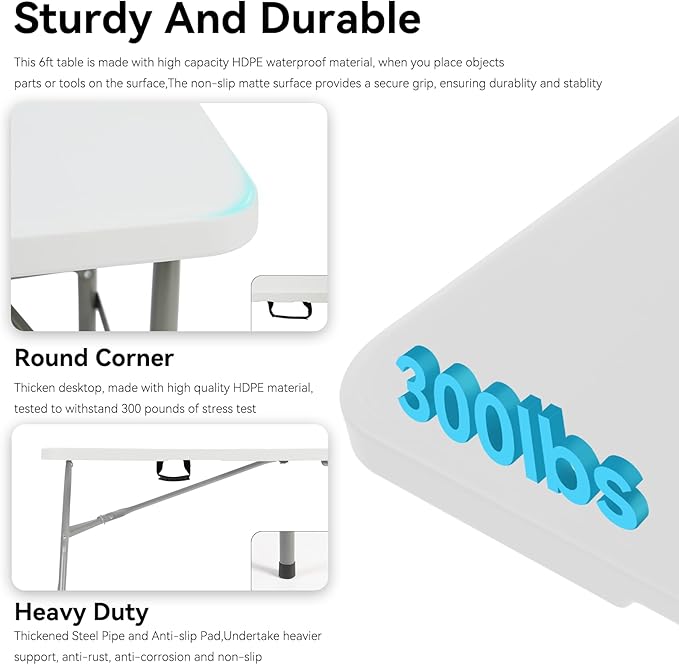 80 Pack of 6 Foot Foldable Table with Built in Handle & Steel Legs ,Heavy Duty Portable ,Perfect for Party, Dining, Wedding, Events, Picnic Indoor, Outdoor, Camping, Utility, Folding(white-80pac)