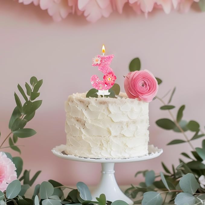 Pink Flower Birthday Candle,Number Birthday Candles for Cake, Ideal Birthday Parties Cake Decor, Wedding Anniversary and Other Celebrations (Number 3, Pink)