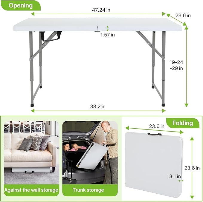 4FT Folding Table - Heavy Duty Portable Plastic Utility Table with Adjustable Height, Carry Handle. Indoor Outdoor Use for Camping, Parties, Picnics, Tailgating (4ft, White)