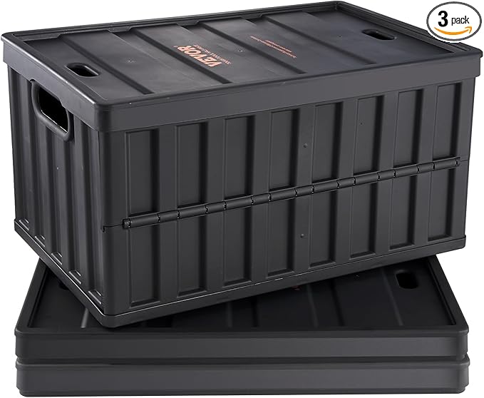 VEVOR 65L Collapsible Storage Bins with Lids 3 Packs, Stackable Utility Crates with Handles, Large Folding Containers for Organizing Tools, Books, Food, Drinks, Camping&Transport