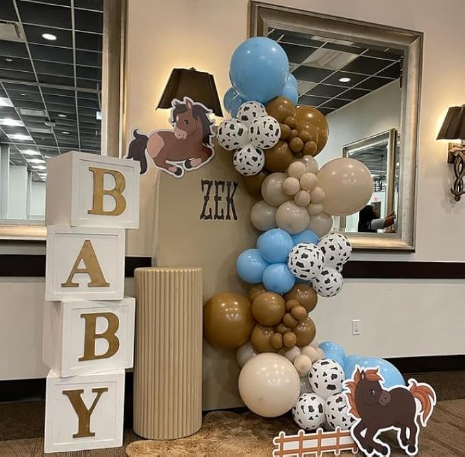 HILAVO Cow Print Balloons, 12Inch Light Blue Brown Sand White and Cow Balloons for Boys Baby Shower Farm Western Cowboy Rodeo Birthday Party Decorations