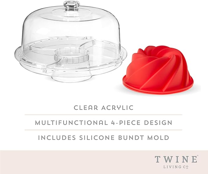 Twine Multi-Functional Acrylic Server with Bundt Cake Mold, Dessert Serving Platter Set, Cake Pan, Cake Stand, Clear Acrylic, Silicone, 4-Piece Set