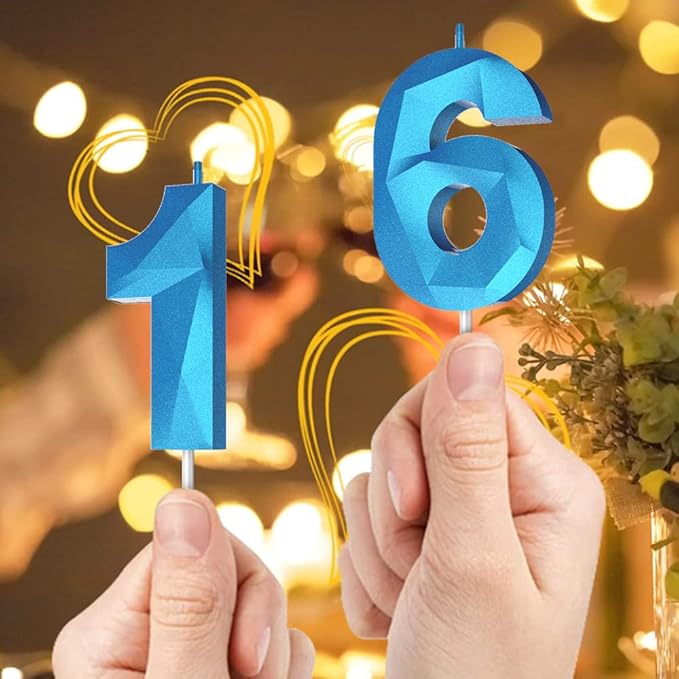 Number Birthday Candles(10 Candle Blue) 3D Diamond Shape Number Happy Birthday Cake Candles for Birthday Party Wedding Decoration Reunions Theme Party