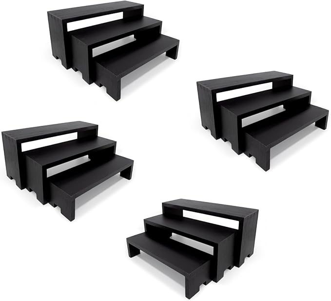 Yikaroeli 4 Set 12Pcs Black Display Riser Wood Risers Wooden Cupcake Display Stand 3Tiered Racks Perfume Display Dessert Food Stands for Vendors Event Party