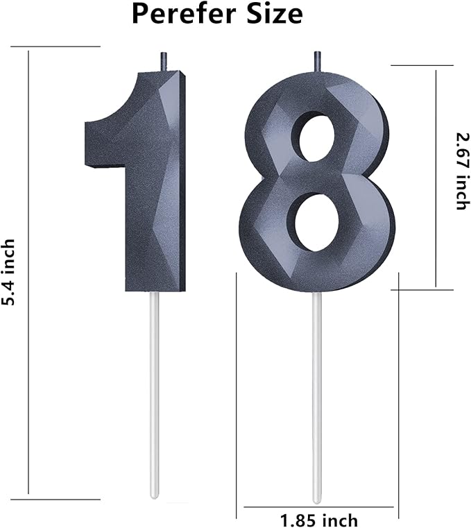 Number Birthday Candles(18 Candle Black) 3D Diamond Shape 18th Happy Birthday Cake Topper Decorations for Boy Men Birthday Wedding Anniversary Celebration Theme Party Supplies