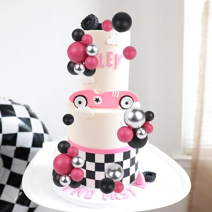 52 Pcs Cake Decorations - Rose Pink Black Silver Ball Dessert Picks, Cupcake Toppers for Girls Women, Birthday Party, Baby Shower, Gender Reveal Cake Supplies