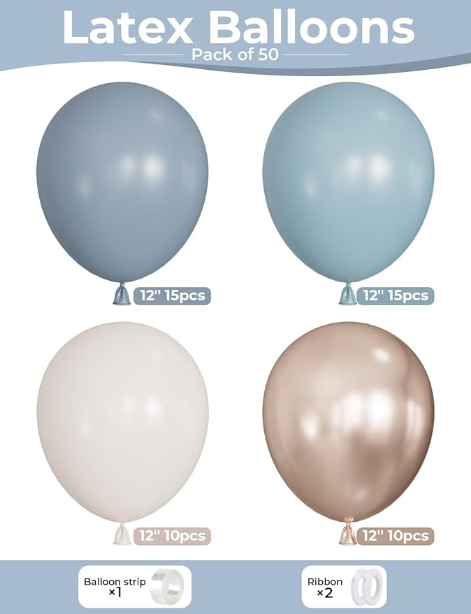 Dusty Blue and Gold Balloons, 50PCS 12 Inch Blue White and Gold Balloon Set, Neutral Elegant Party Decorations for Baby Shower Boy, Birthday, Gender Reveal, Wedding