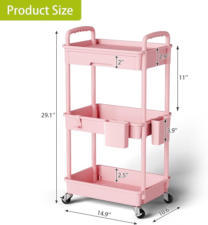 Sorgion 3 Tier Rolling Cart Organizer,Laundry Room Bathroom Organizers and Storage Office Shelves Mobile Shelving Unit Kitchen Trolley Cart with Wheels for Art,Craft,Diaper,Bedside,Snack(Pink)