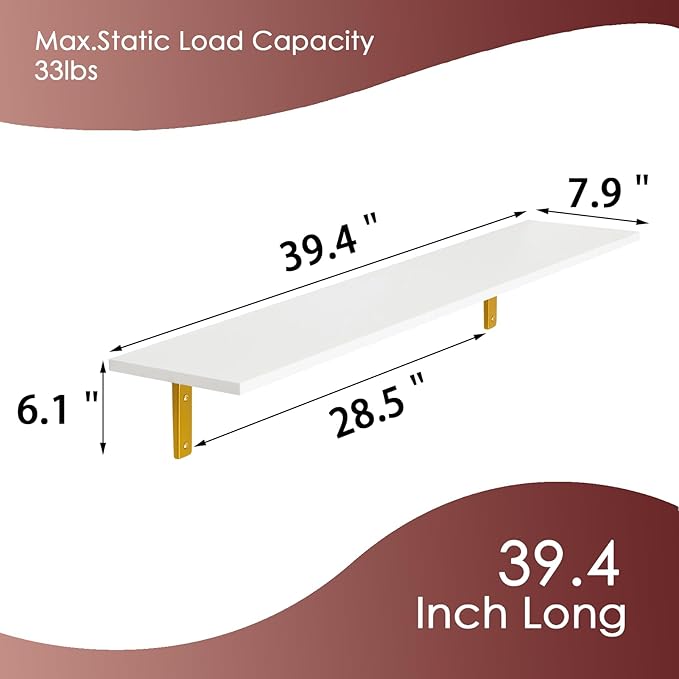DINZI LVJ Long Wall Shelves, 39.4" Wall Mounted Shelves Set of 4, Large Floating Shelves for Wall with Metal Brackets, for Living Room, Bathroom, Bedroom, Kitchen, White and Gold