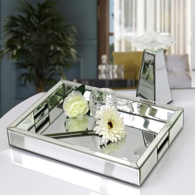 Rectangle Silver Mirror Decorative Tray Size 11” Length x 14” Width x 2” Height, Mirrored Vanity Organizer with Hand, Markup Perfume Jewelry Tray for Bathroom Bedroom Dresser Coffee Table qmdecor
