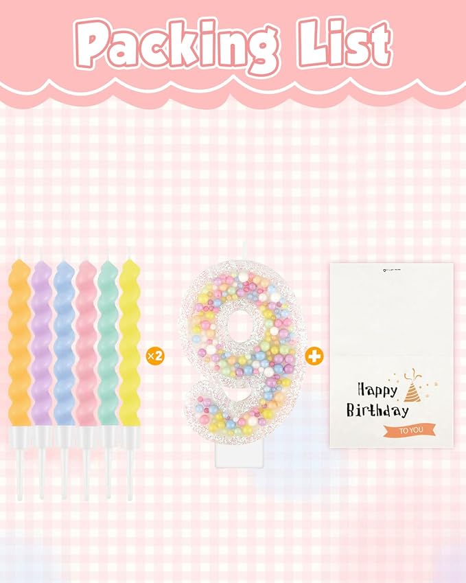 Birthday Candles for Cake, Pink Number Candles, Cake Candles with Greeting Card for Birthday Party Wedding Anniversary Celebrations（9 Candle,White Number Macaron）