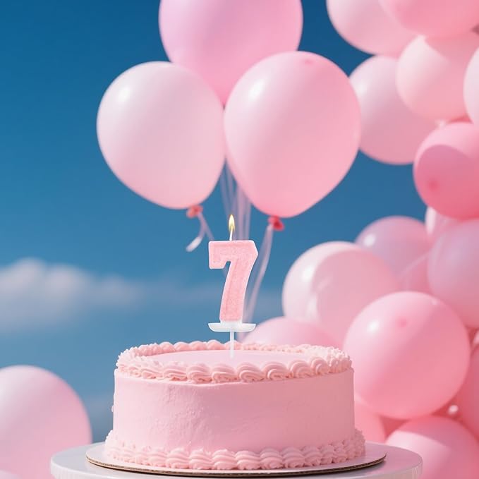Pink Number Birthday Candles, Romantic Cake Glitter Pink Number Candles Anniversary Cake Topper Decoration Cute Birthday Party Supplies for Wedding Anniversary Celebration Supplies (7)