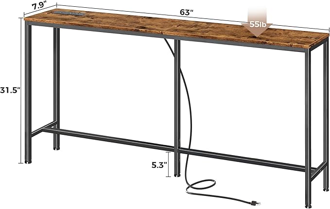 SUPERJARE Console Table with Outlet, 63 Inch Sofa Table with Charging Station, Narrow Entryway Table, Behind Couch Table, for Living Room, Plants - Rustic Brown