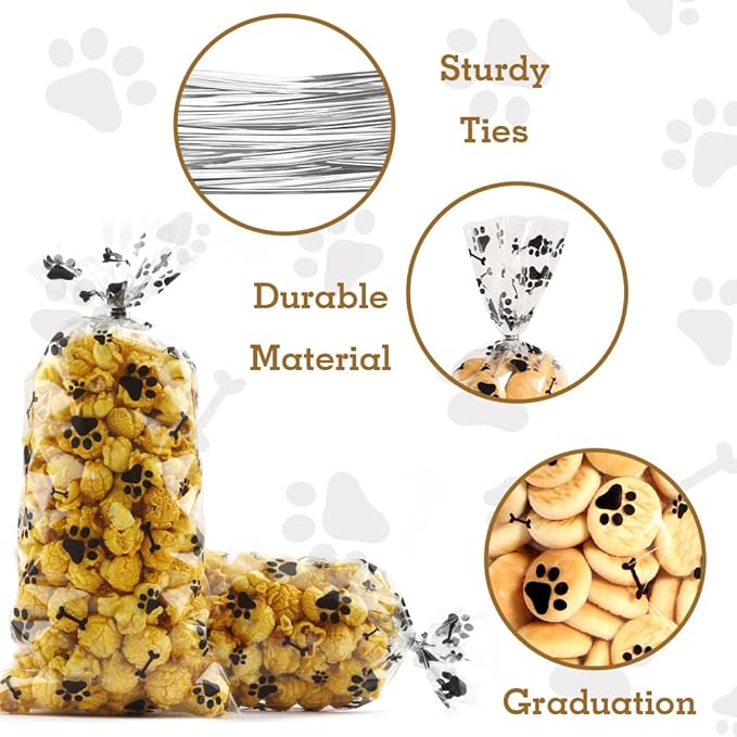 60 PCS Plastic Dog Paw Cellophane Treat bags with Ties Goodie Candy Cookie Goody Gift Bags Pouches Clear Baby Shower Pet Puppy Birthday Party Decorations Favors Supplies Wrapping Stuffers(5x11)