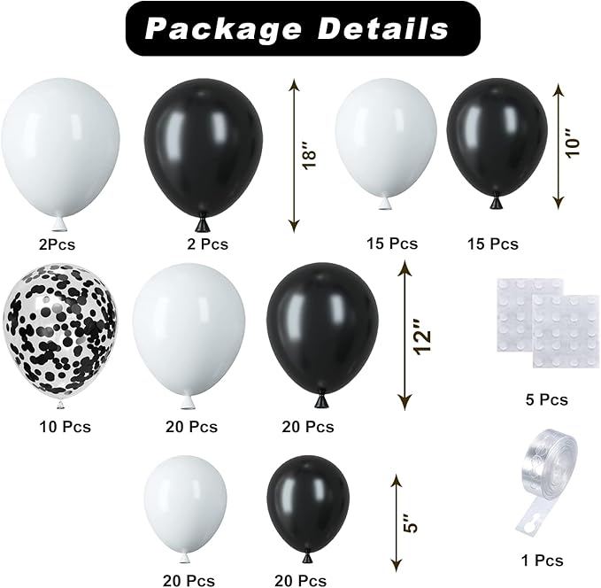 Black White Balloons Arch Kit, 124pcs Black and White Confetti Balloons with 16ft Tape Strip & Dot Glue for Graduation Birthday Baby Shower Wedding Party Decorations