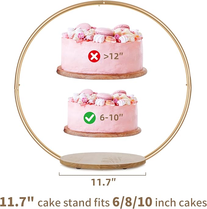Hanobe Gold Cake Stand for Wedding: 11.7 Inch Round Arch Cupcake Display Stands with Wood Base Decorative Metal Hoop Centerpiece Decor for Party Birthday Baby Shower